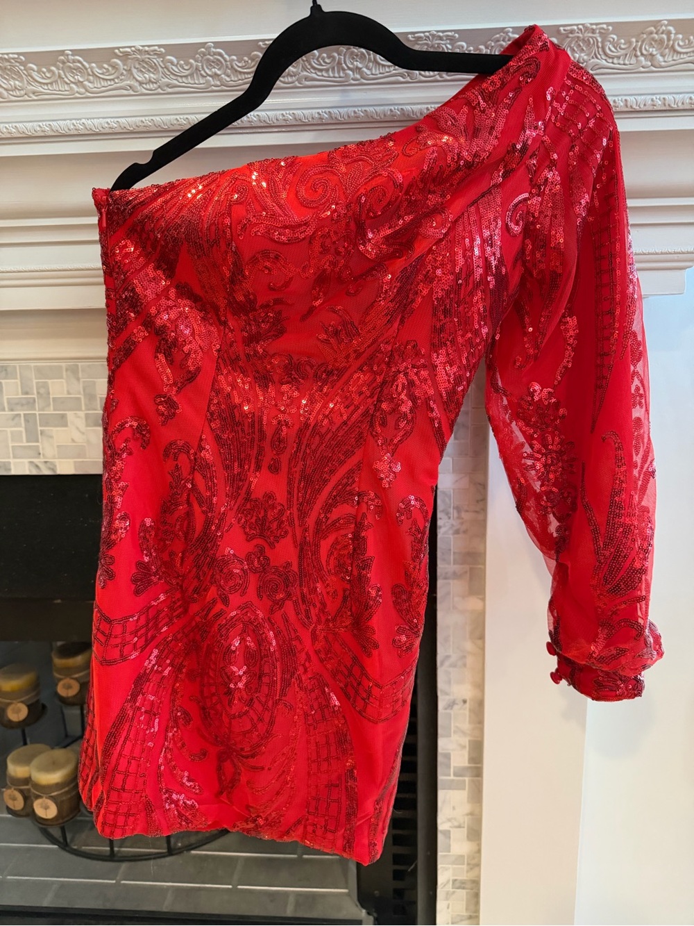 Red One-Shoulder Sequin Cocktail Dress